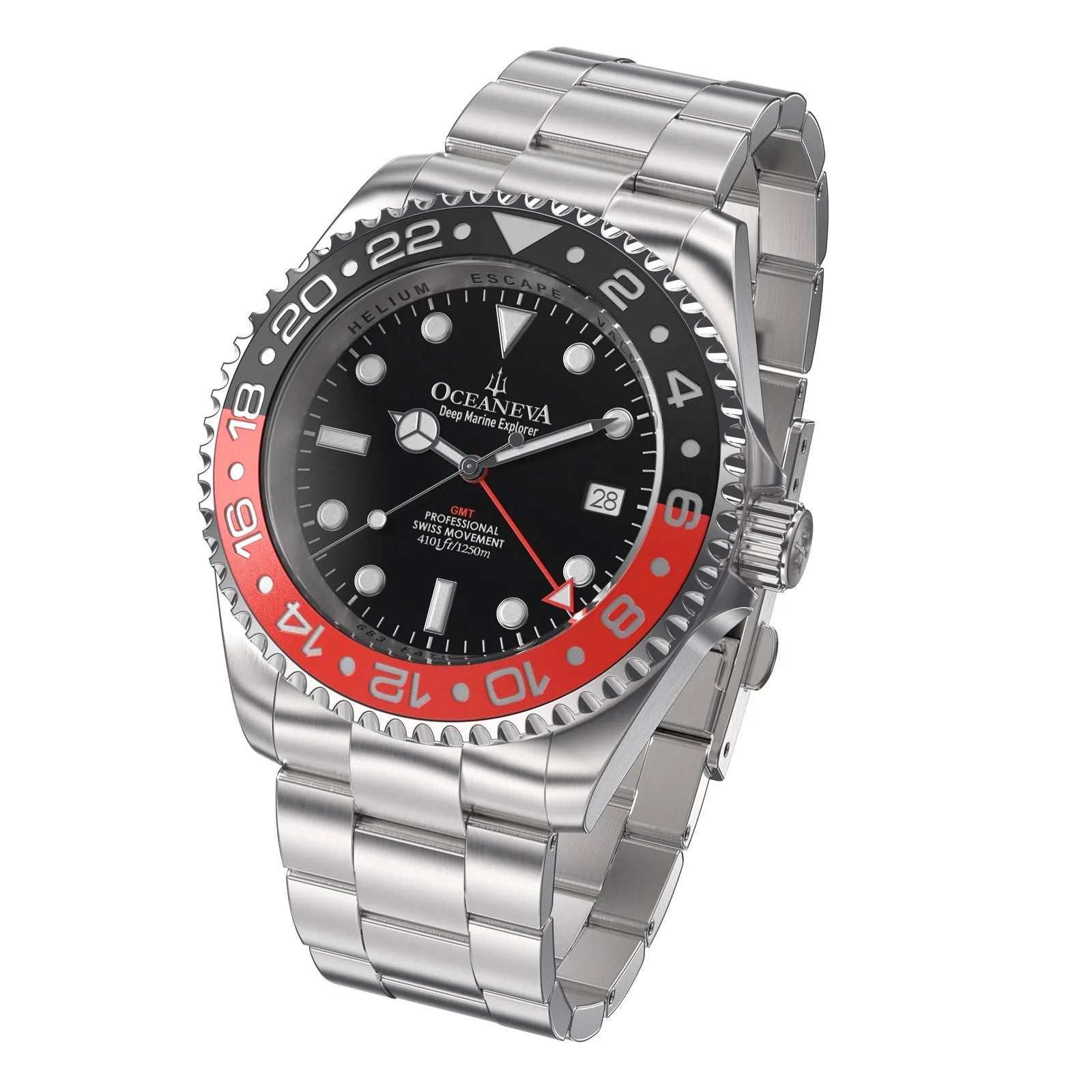 Stainless Diver Black- Men's Oceaneva™ Explorer Marine Steel Bracelet Red and Quartz, Pro 1250M Swiss Movement Watch GMT Deep