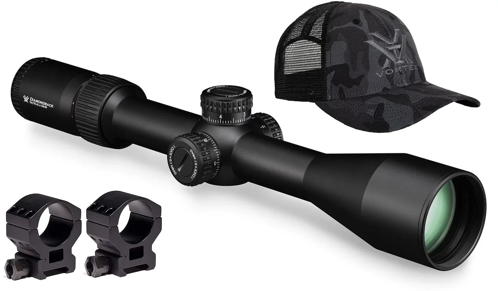 (MRAD) EBR-2C Vortex Hat Rings Vortex Tactical with FFP 30mm) High and 6-24x50 Diamondback Bundle Optics (1.18in, Free Riflescope