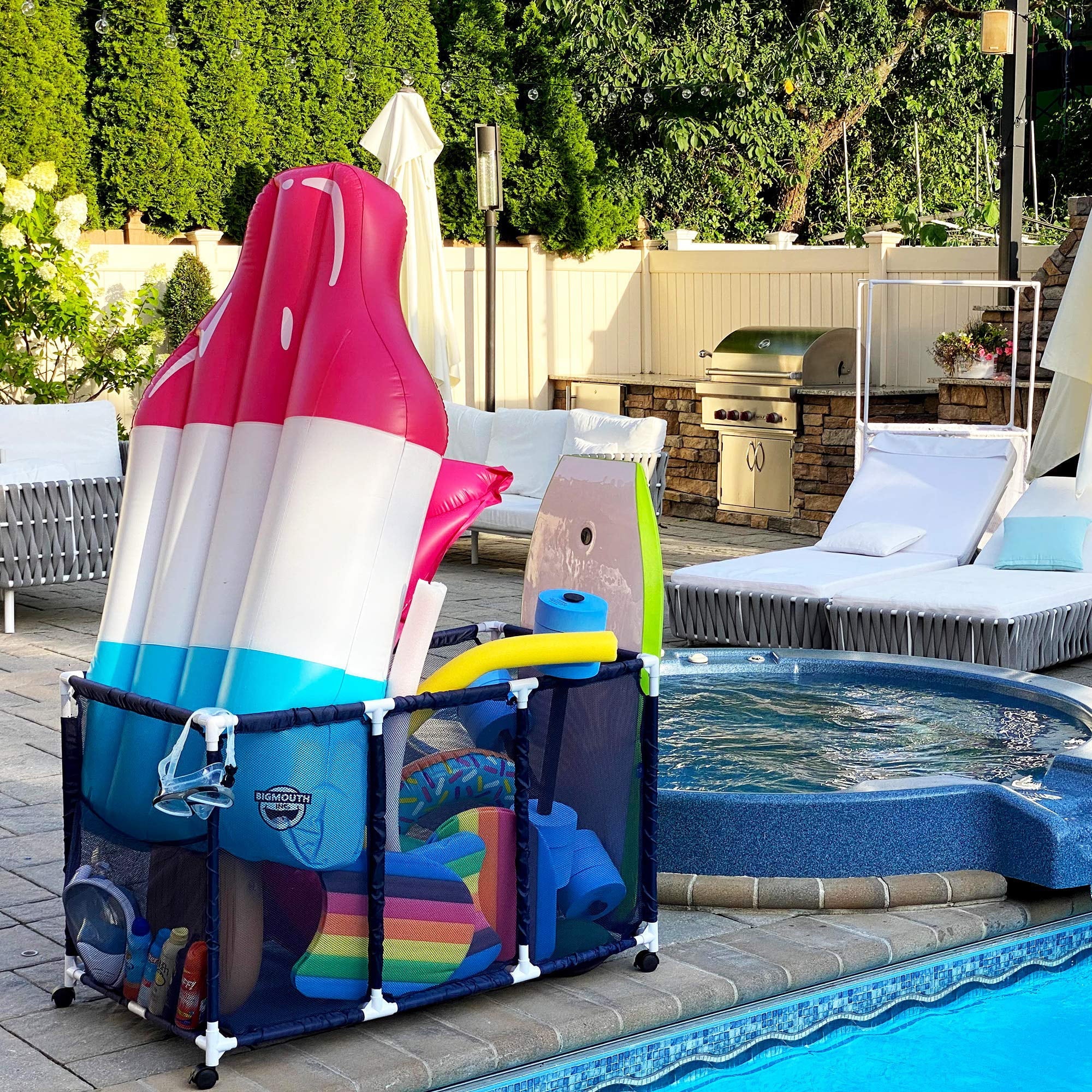 25" Toys, x Pool Storage 563009 Noodles Equipment Holder, Rolling 28" H), Large, White Mesh Organizer and Balls Blue / Height, Bin, (43" x Kids W Floats L design