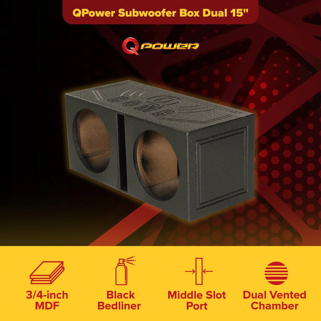 Subwoofer Sub Dual 15" w/ Spray Vented Bedliner Port Box QPower QBOMB15V