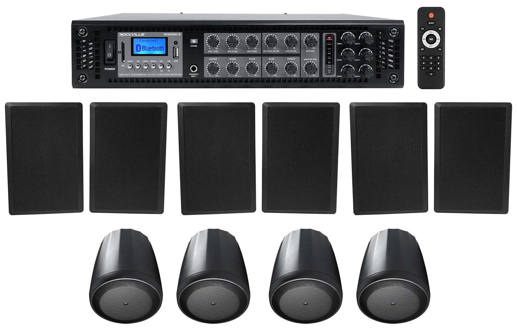 4 6-Zone Pendant+6 Slim Black Restaurant/Bar/Cafe Amplifier+4 JBL Speakers Wall