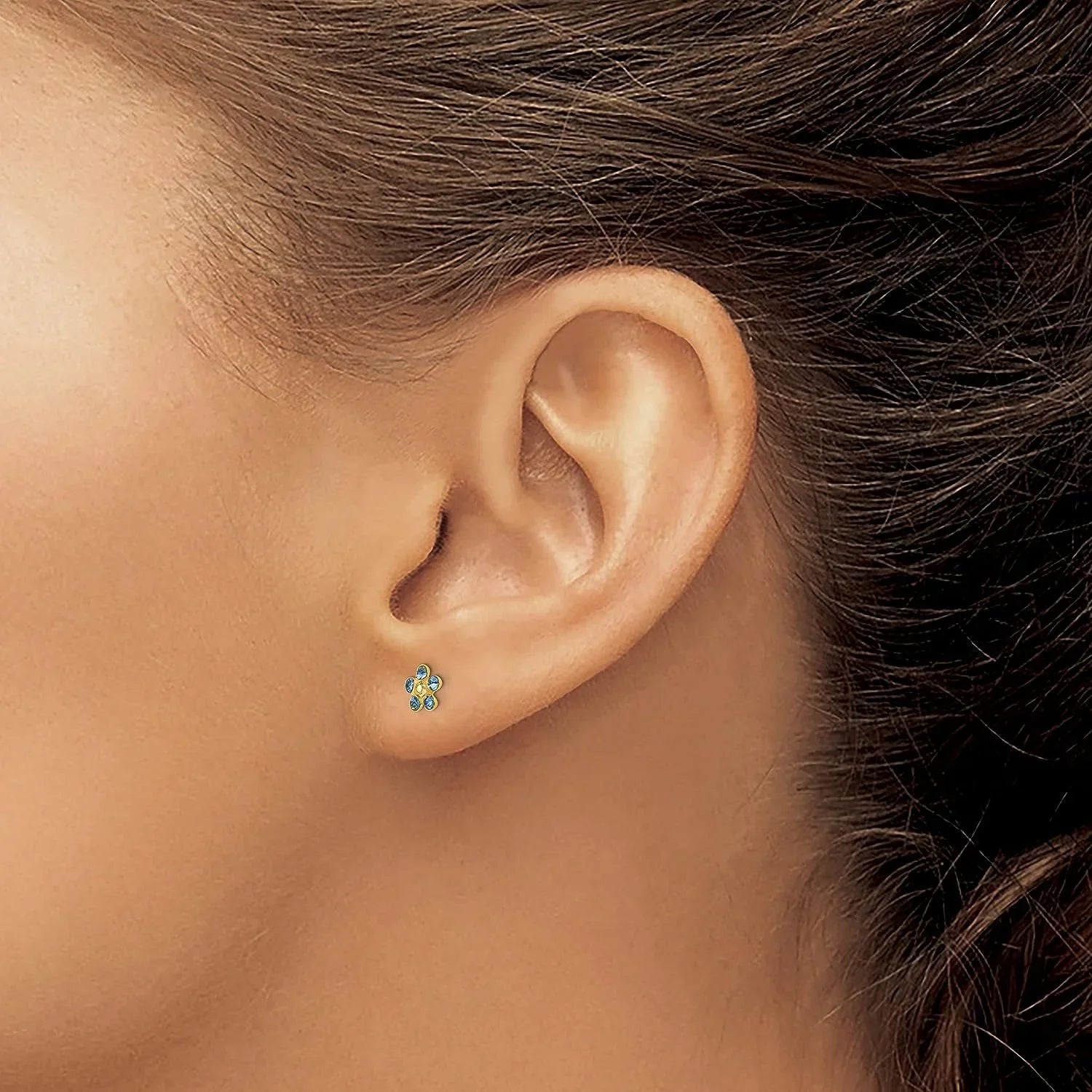 Inverness Earrings Crystal 14k Borealis 5mm Yellow - Solid Blue/Aurora Gold Flower