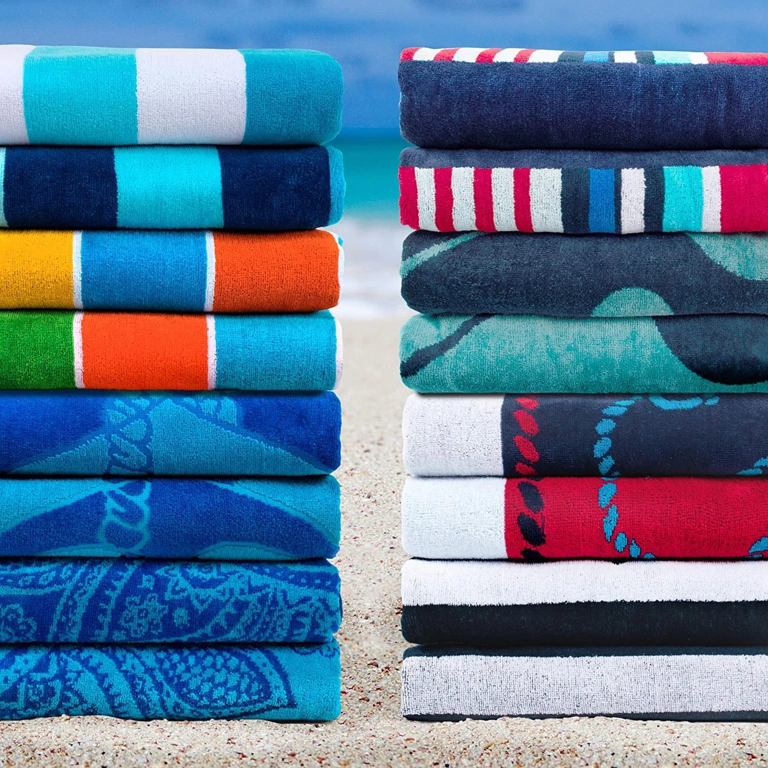 Collection, Vacation, Piece Cotton 64", Absorbent, Pool, For Quick Striped Kids, X 34" Adults, Towel Dry, Shower, Swimming, Set Camping, Blue/Red/White, Travel, Sailing 2 Beach Bathroom,