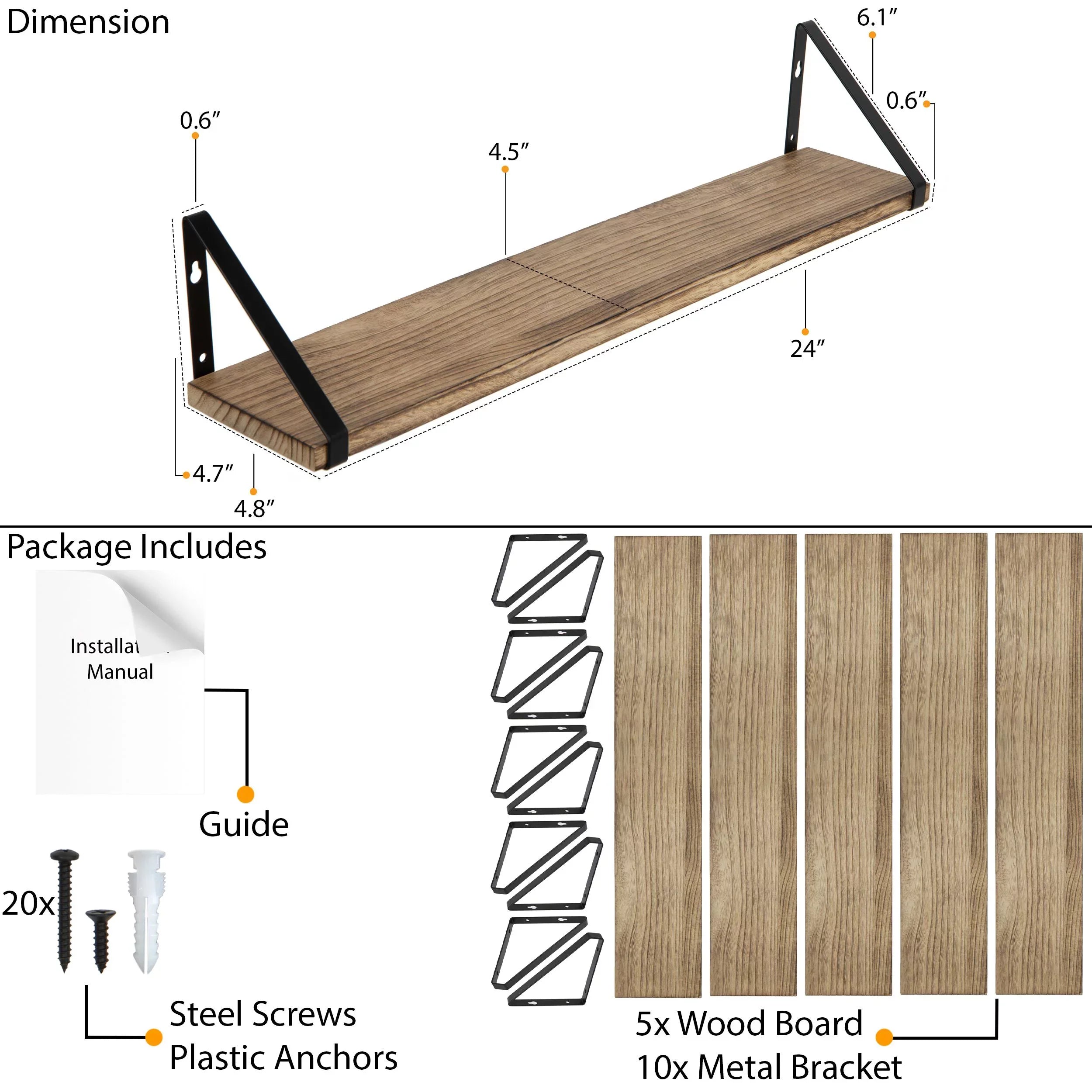 Living Set Burned, 24" Room Wallniture Kitchen Shelf Mounted Ponza of Rustic Natural with Floating Bedroom, 5 Wall Brackets for