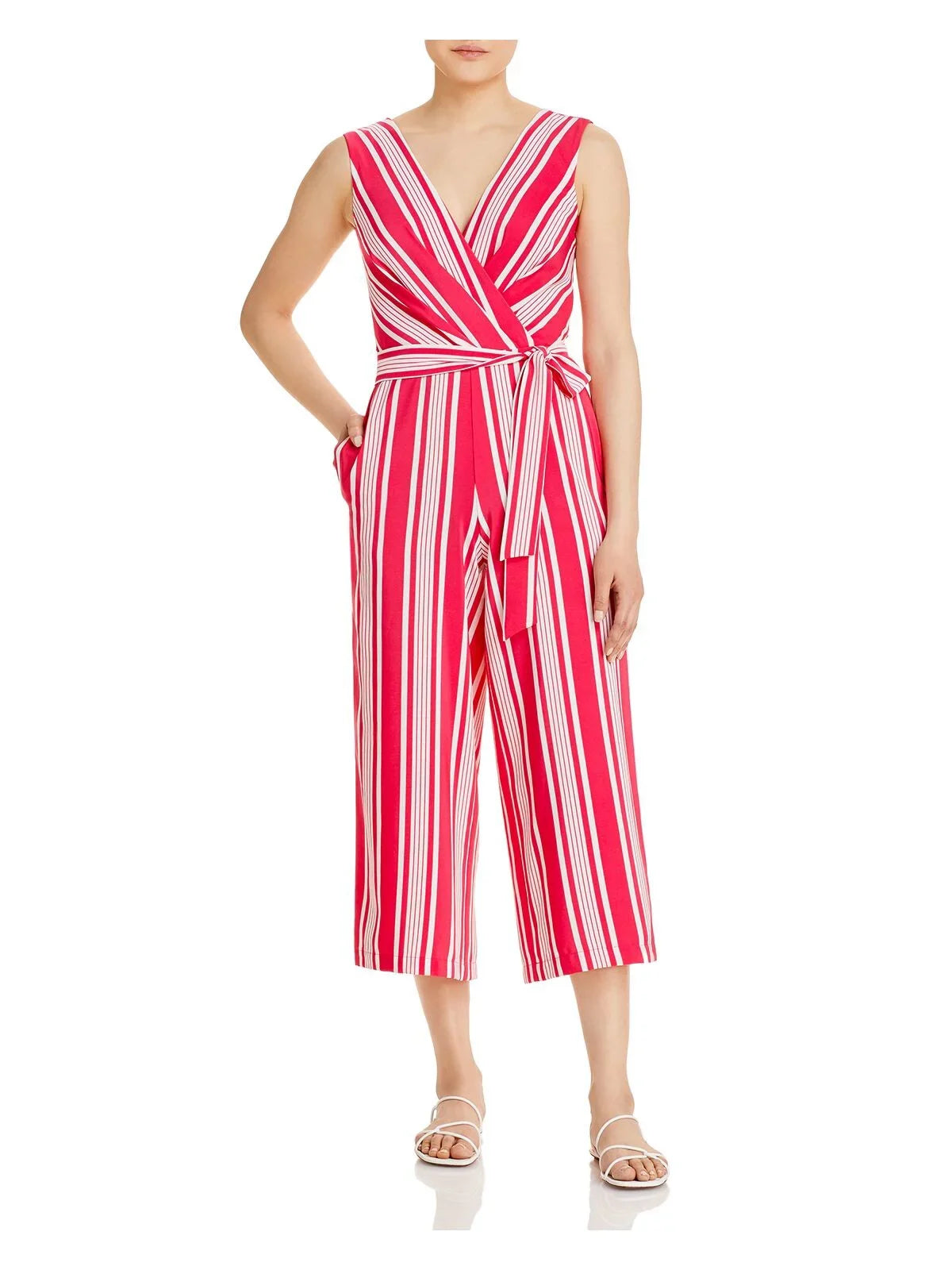 Wear Pocketed To Work Zippered Striped Sleeveless Self Pink Sash Leg KARL Jumpsuit Womens 2 Neckline Wide Tie Surplice LAGERFELD