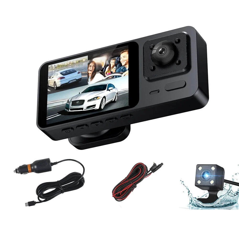 1080P Video Cam Front/Rear/Inside Recorder Car Dash 3 Dual Lens JLLOM HD Lens G-sensor Camera