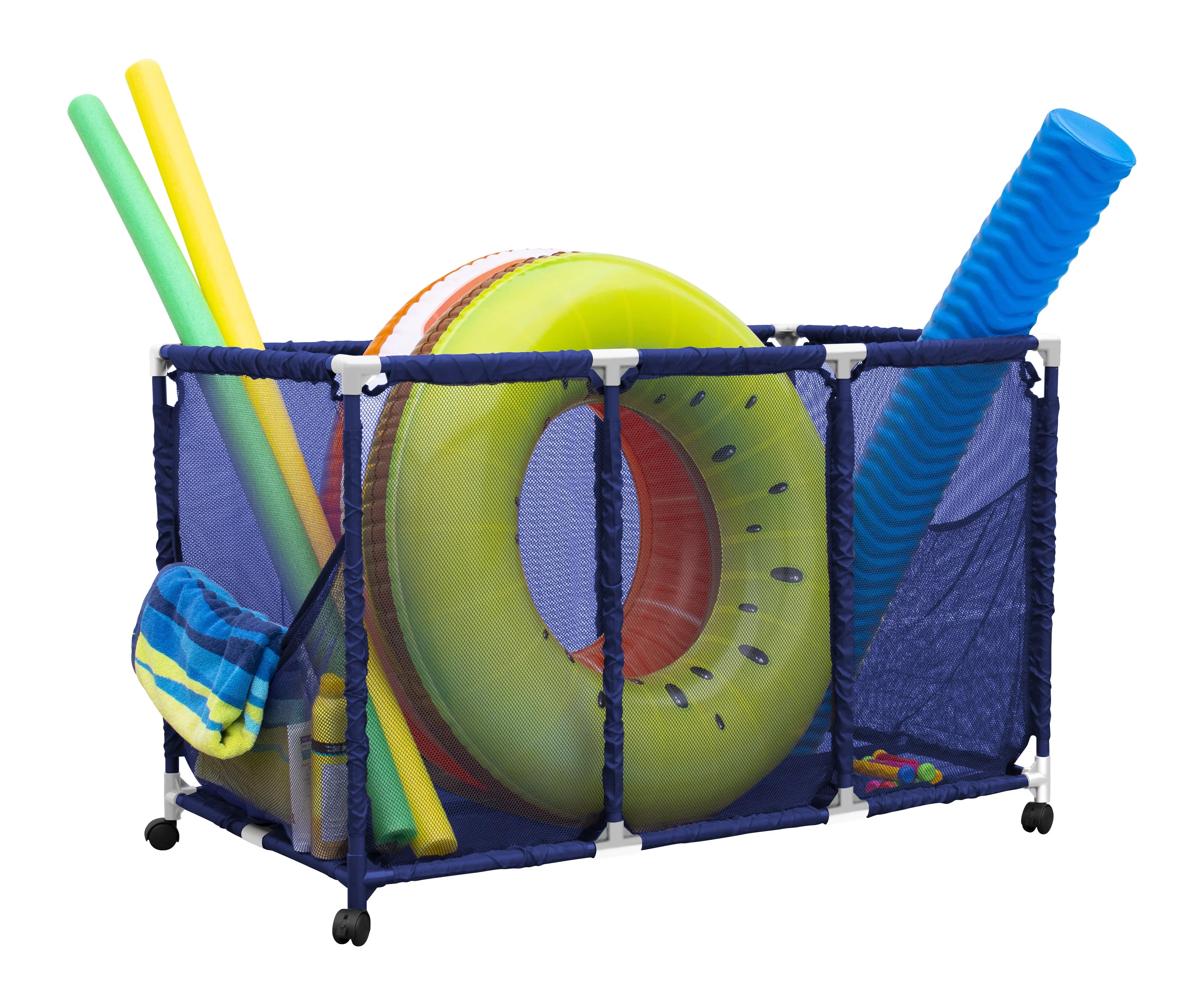25" Toys, x Pool Storage 563009 Noodles Equipment Holder, Rolling 28" H), Large, White Mesh Organizer and Balls Blue / Height, Bin, (43" x Kids W Floats L design