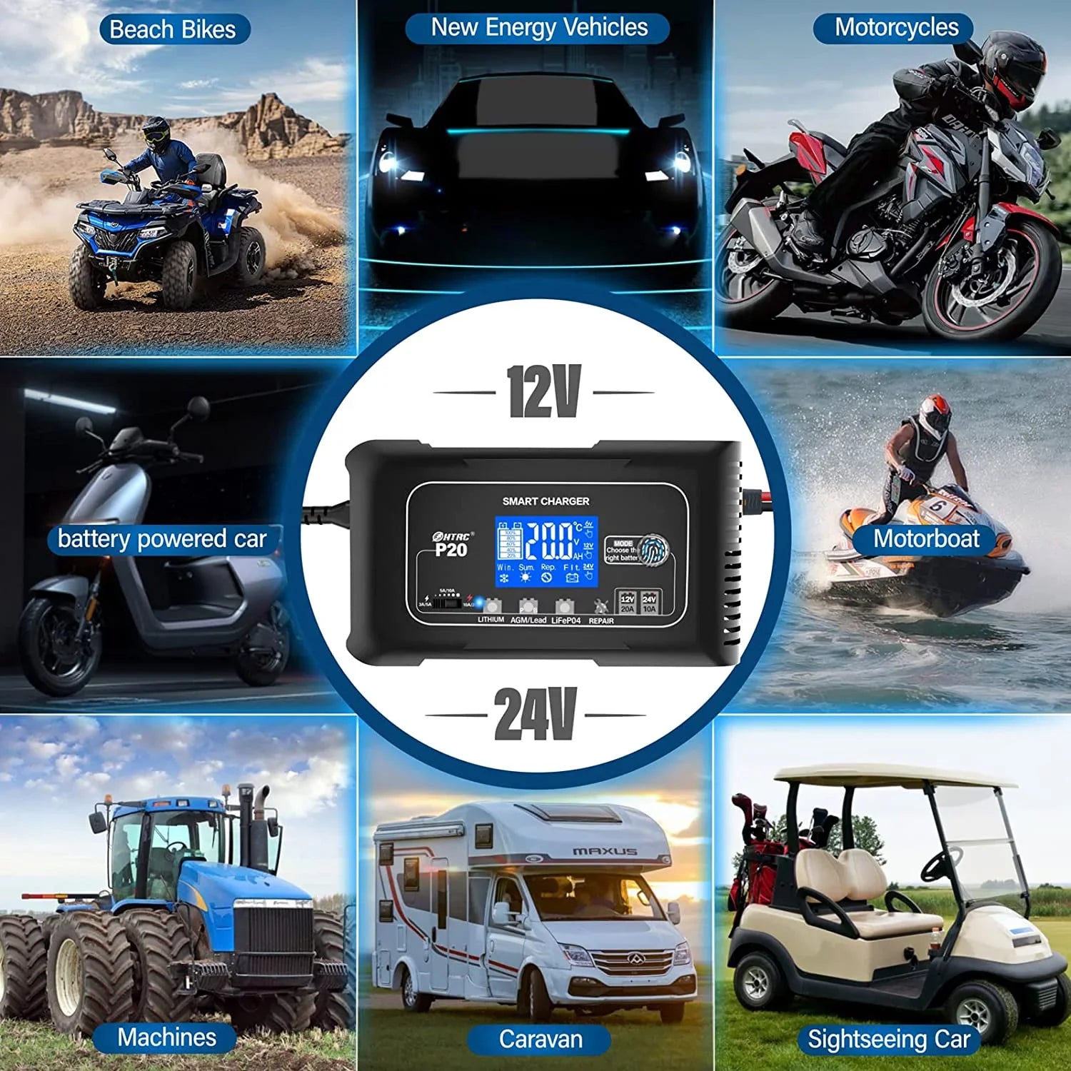 and Mower,Golf 24V/10A Battery Charger,12V/20A Adjustable,for 20-Amp Cycle Cart.. Boat,Lawn Battery Charger,Lithium,LiFePO4,Lead-Acid,Portable Car Charger,Maintainer/Deep Smart OIEXI Charger,Trickle