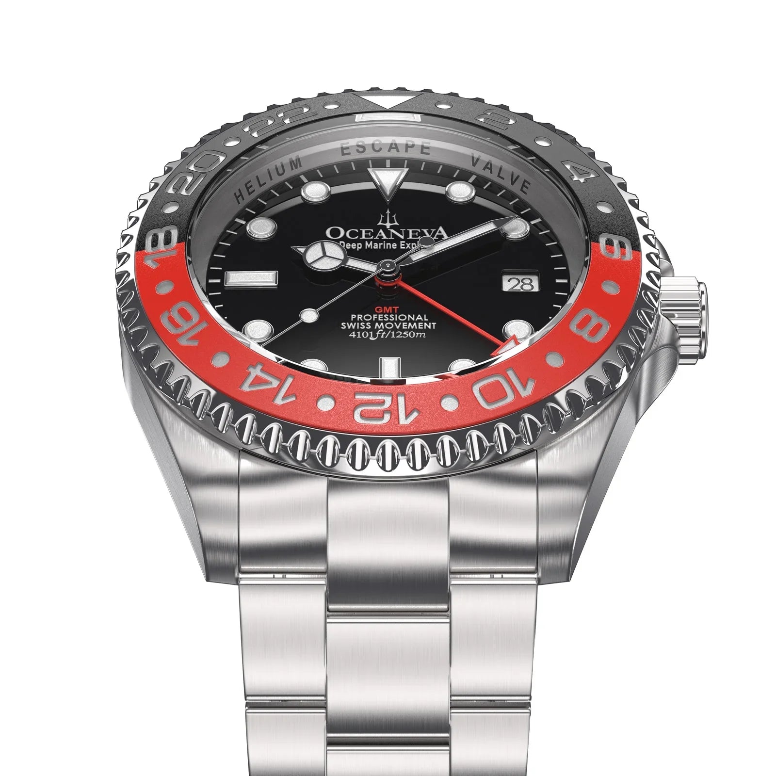 Stainless Diver Black- Men's Oceaneva™ Explorer Marine Steel Bracelet Red and Quartz, Pro 1250M Swiss Movement Watch GMT Deep