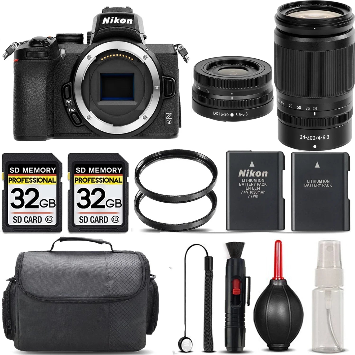 with Storage 16-50mm Lens Z50 Kit 24-200mm UV + Case International + Filter 64GB + - VR + Version Backup Lens f/4-6.3 + Mirrorless Cleaning + Nikon Battery