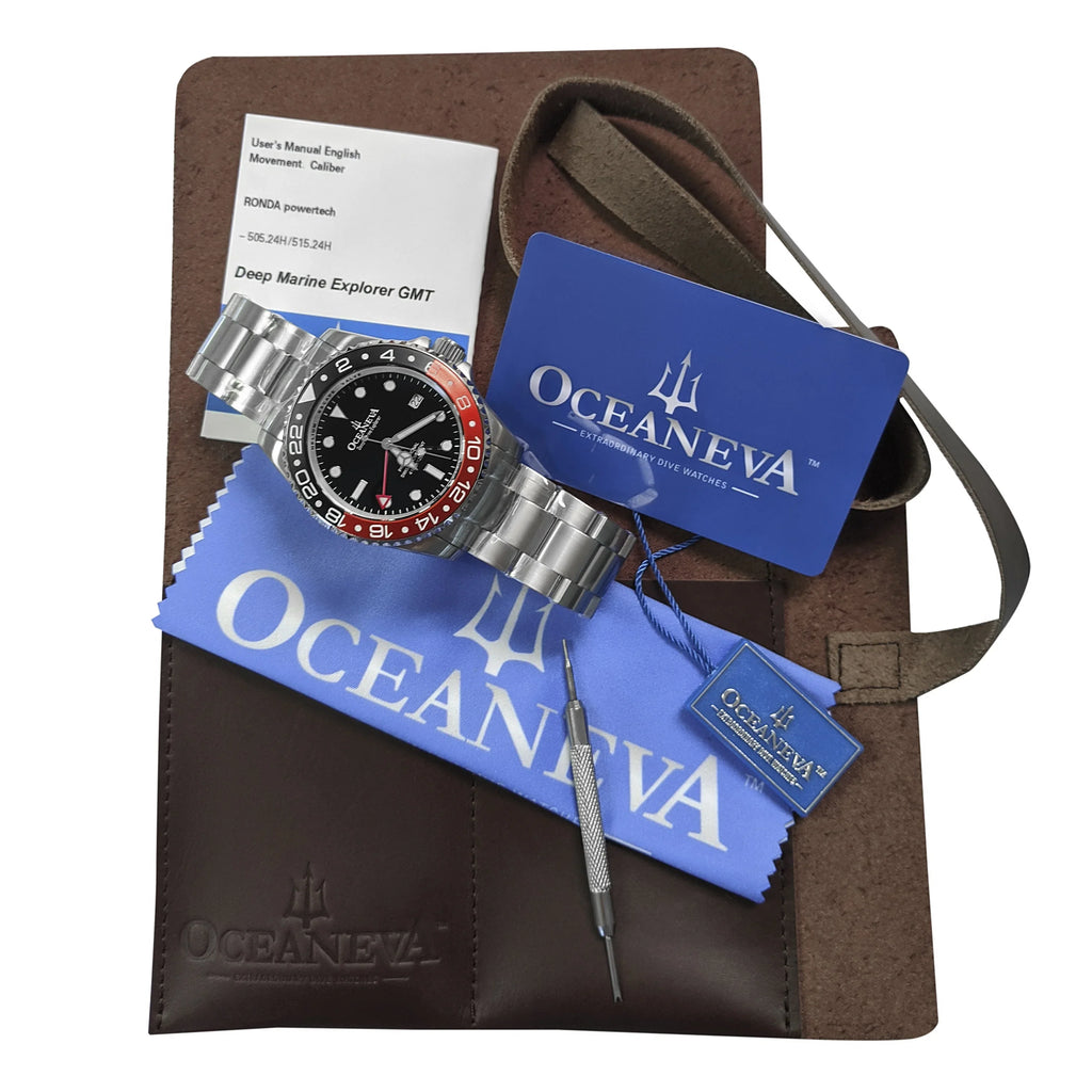 Stainless Diver Black- Men's Oceaneva™ Explorer Marine Steel Bracelet Red and Quartz, Pro 1250M Swiss Movement Watch GMT Deep