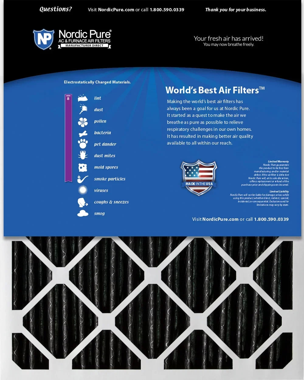 Pack 8 16x25x2 Filters Plus Carbon Pure Pleated Air Nordic Furnace MERV 12