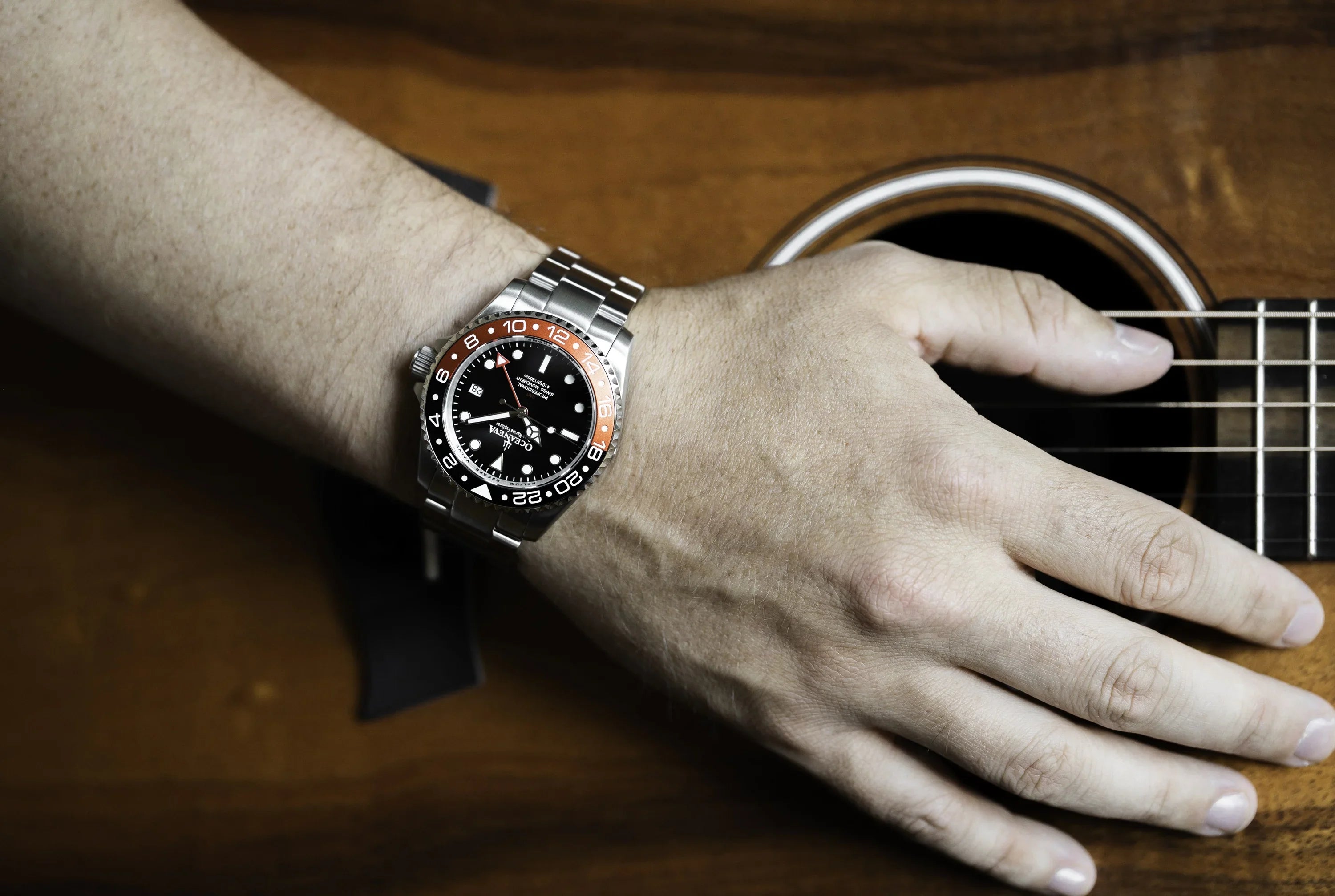Stainless Diver Black- Men's Oceaneva™ Explorer Marine Steel Bracelet Red and Quartz, Pro 1250M Swiss Movement Watch GMT Deep