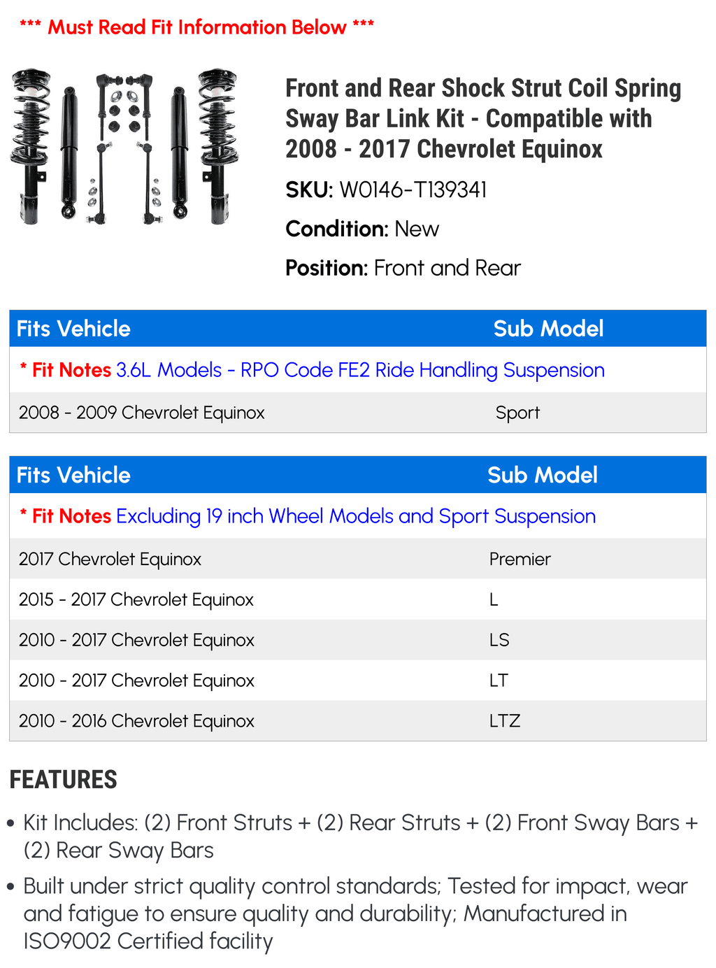 Sway Chevy Sport Equinox 19 Shock Link Rear Kit Bar 2008 2009 Front without 2012 Wheels 2011 8 and 2010 - and Strut - with and (Models Piece Inch Only) 2017 Compatible Coil - Spring Suspension