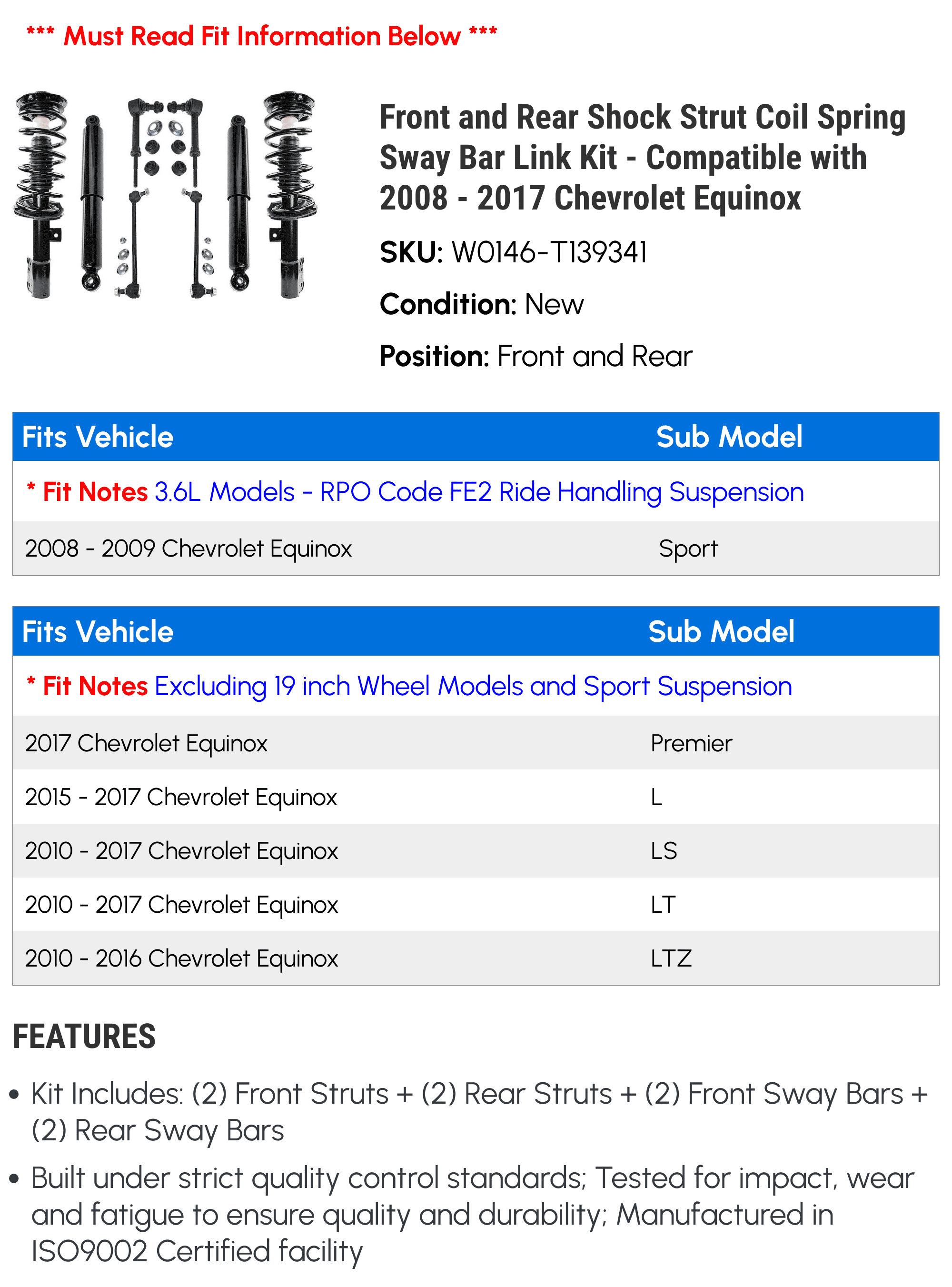Sway Chevy Sport Equinox 19 Shock Link Rear Kit Bar 2008 2009 Front without 2012 Wheels 2011 8 and 2010 - and Strut - with and (Models Piece Inch Only) 2017 Compatible Coil - Spring Suspension