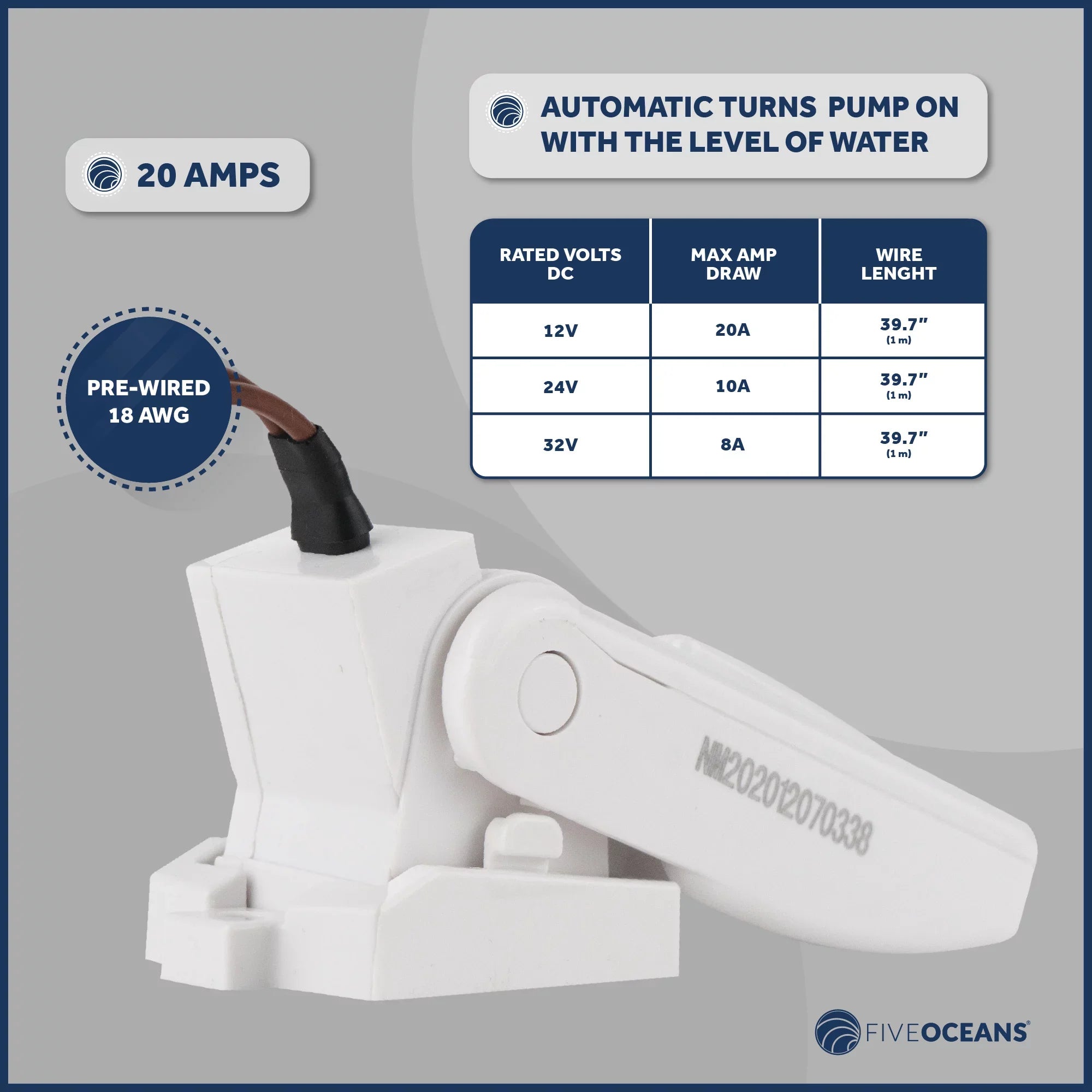 Pump Bilge with Heavy-Duty LPH 1-1/8-Inch 2000 / Diameter Five GPH - Inside Kit, Automatic Oceans Float FO3616-C2 Switch (29mm) 12-Volts, Hose, 7571