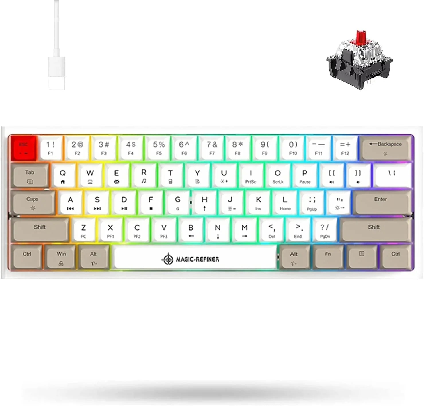 Chroma 14 Keyboard, C Keycap, Full Portable 60% Switch) Anti-Ghosting, Gaming Wired, Dye-Sublimation Type Rgb Mechanical Pc/Windows/Mac/Ps4/Xbox Backlight, Grey/Red For (White