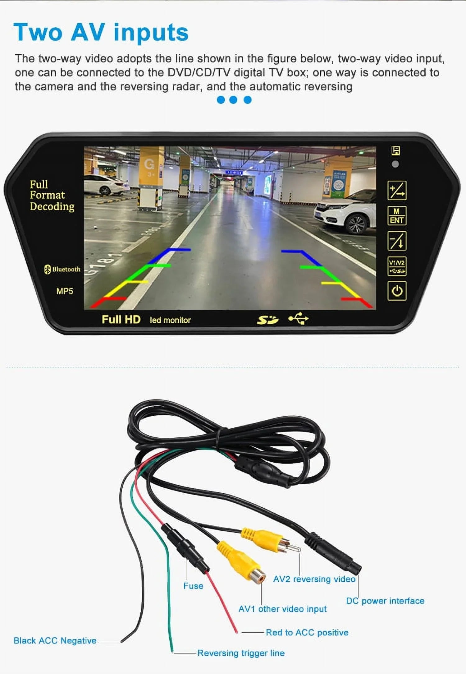 Vision TFT MP5 Monitor Transimitter Night 12-24V Inch Parking 800*480 Rear View Camera Car Mirror USB/SD/FM System 7 Display LCD