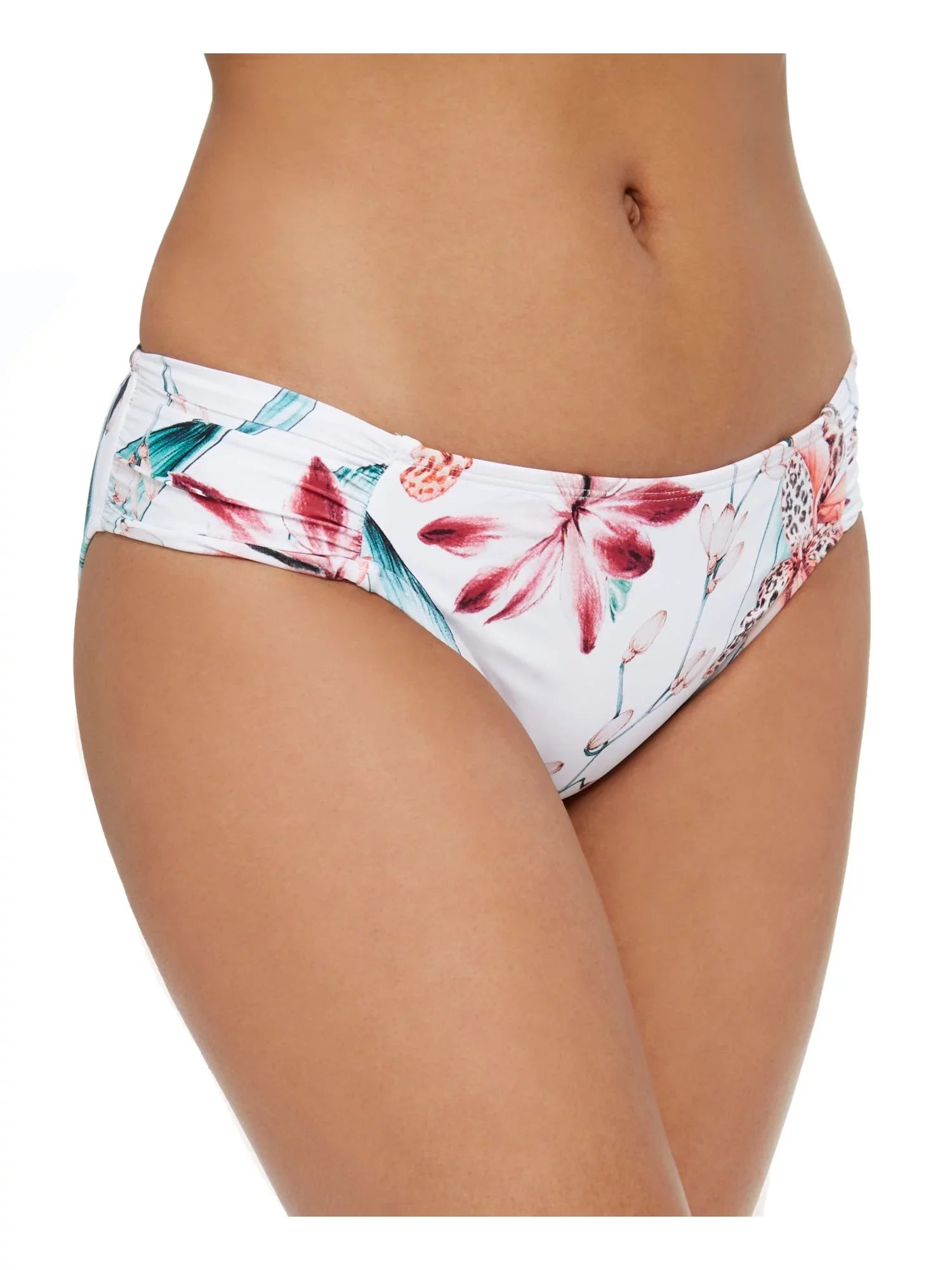 LA Hipster Bottom White Swimsuit BLANCA Coverage Stretch Women's Sides Printed Ruched 16 Lined Moderate