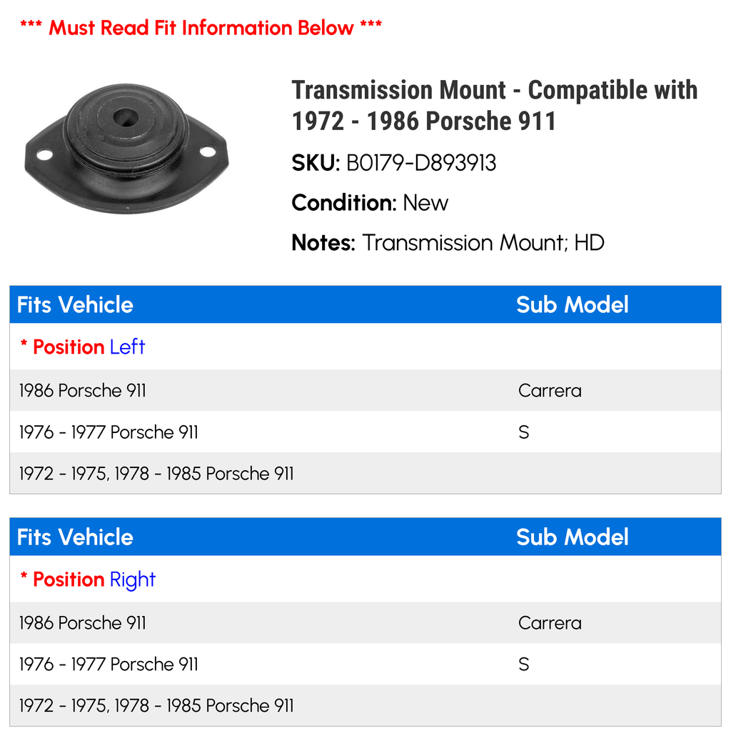 1984 1976 1978 1972 Porsche Transmission 1983 Mount with 1979 1977 1974 Compatible 1985 - 1982 1975 1981 1980 1973 911 - 1986
