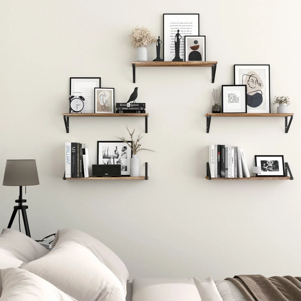 Living Set Burned, 24" Room Wallniture Kitchen Shelf Mounted Ponza of Rustic Natural with Floating Bedroom, 5 Wall Brackets for