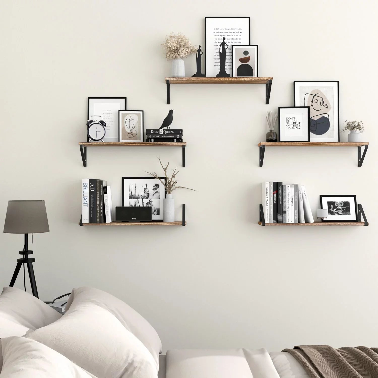 Living Set Burned, 24" Room Wallniture Kitchen Shelf Mounted Ponza of Rustic Natural with Floating Bedroom, 5 Wall Brackets for