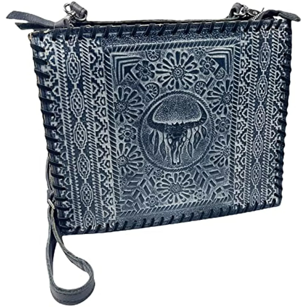 Skull Western Purse Leather Genuine Hand Cow Bag Crossbody Tote Large (Blue) Urbalabs Handbag Tooled Stitched Longhorn