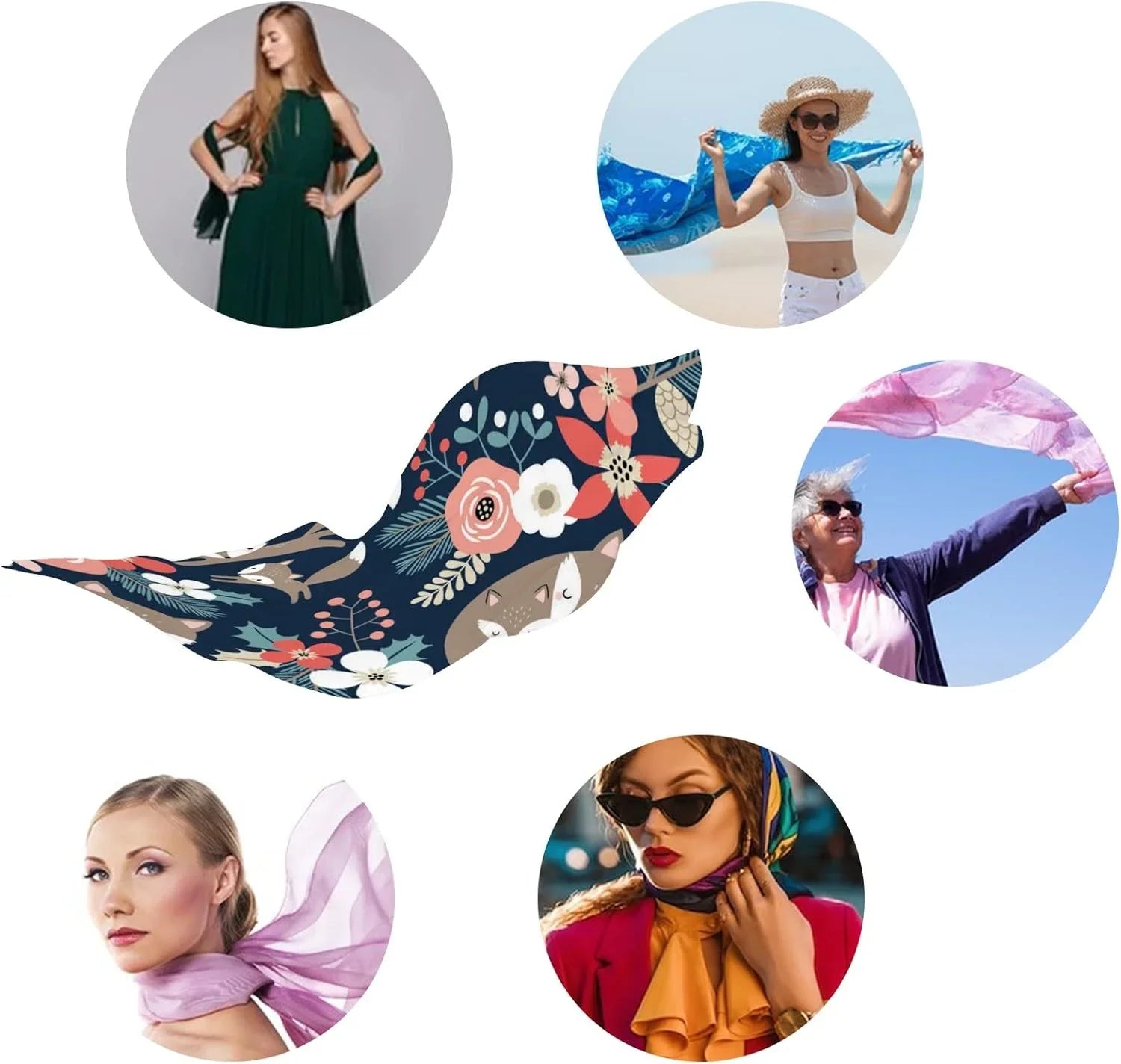 Girls Cute Dark Neck Foxes Scarves Flowers Blue Long Wrap Women for Scarf on Hyjoy Lightweight Shawl and Silk