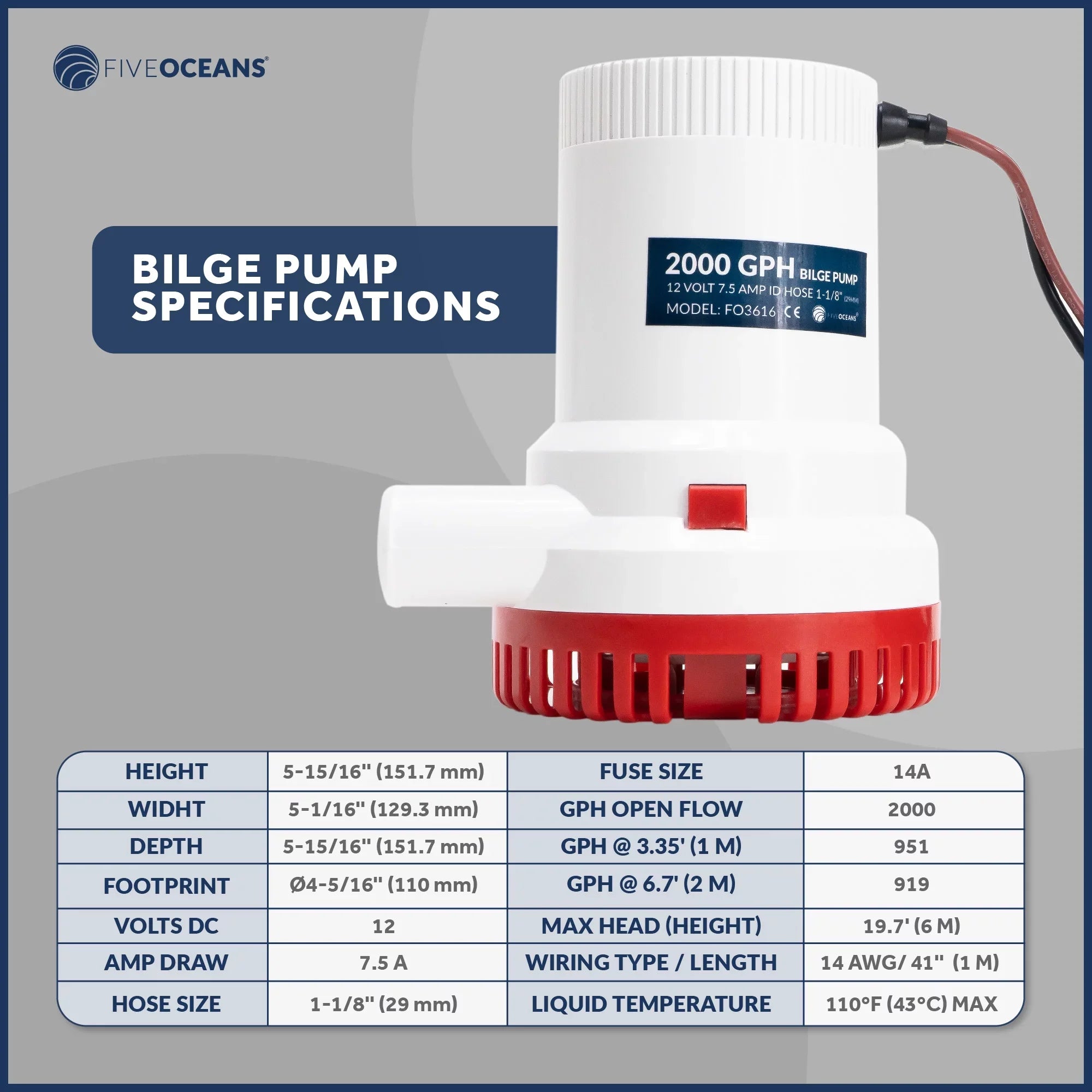 Pump Bilge with Heavy-Duty LPH 1-1/8-Inch 2000 / Diameter Five GPH - Inside Kit, Automatic Oceans Float FO3616-C2 Switch (29mm) 12-Volts, Hose, 7571