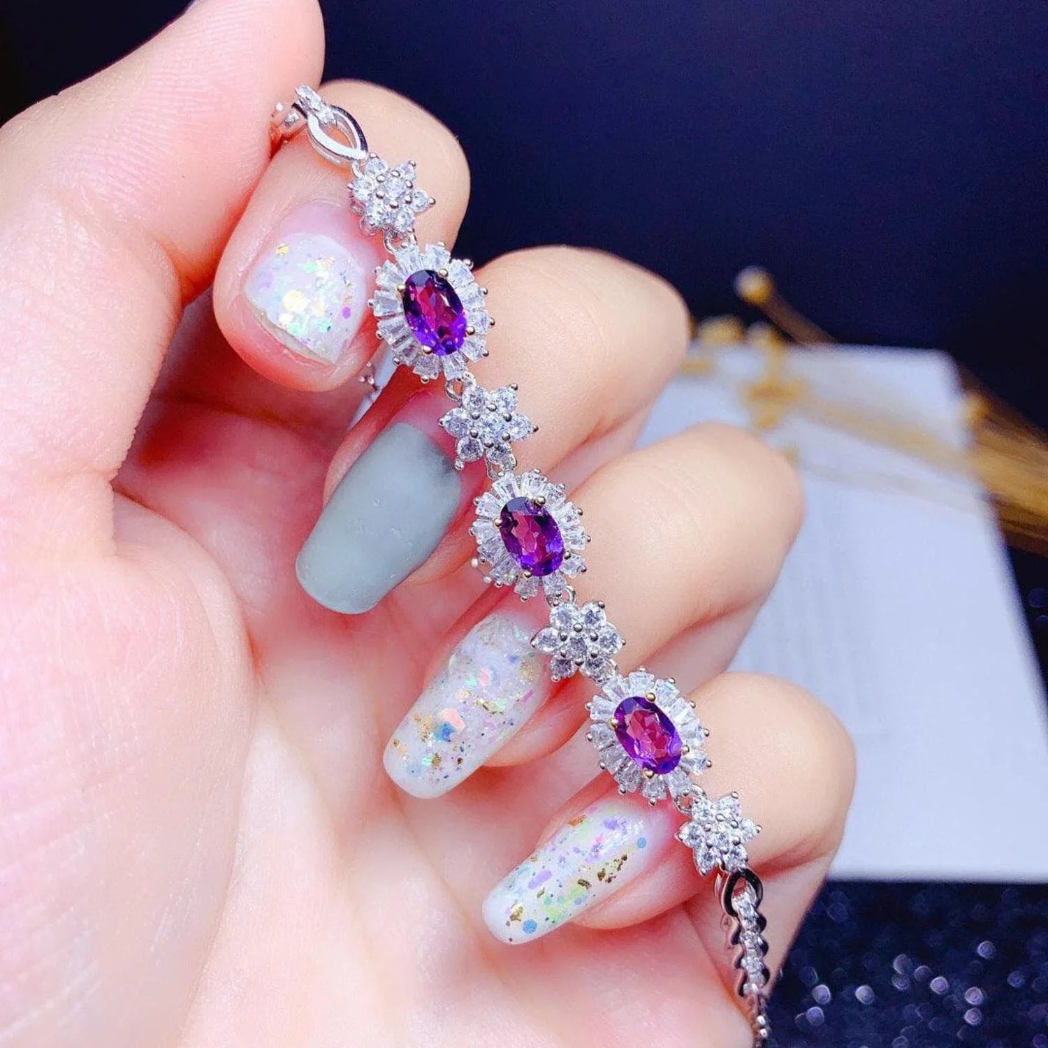 Silver Bracelet Sterling Plated Amethyst Women 18k Inlaid Natural S925 Light Luxury Gold