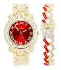'- Gold Out w/Bling-ed Red ZZ Gold Blood Design Link Bling-ed Watch Luxury Mens Bracelet Round L0504RNB Out ZZ