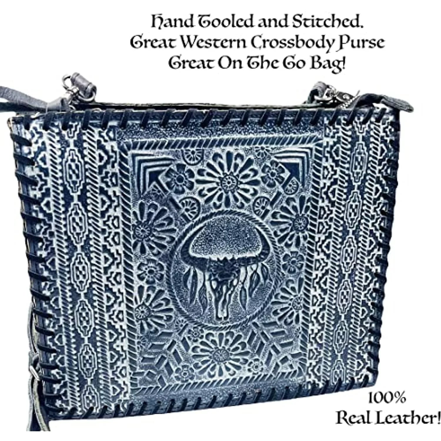 Skull Western Purse Leather Genuine Hand Cow Bag Crossbody Tote Large (Blue) Urbalabs Handbag Tooled Stitched Longhorn