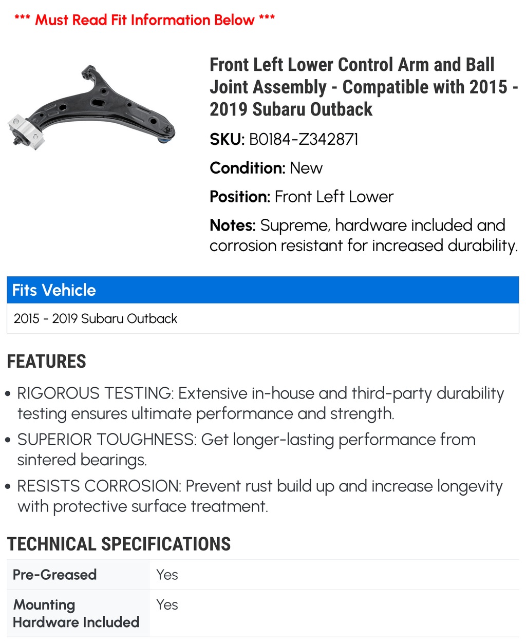 Compatible Outback 2015 Assembly Joint Subaru with Control - 2019 2018 Arm 2016 Ball Left and Front 2017 - Lower