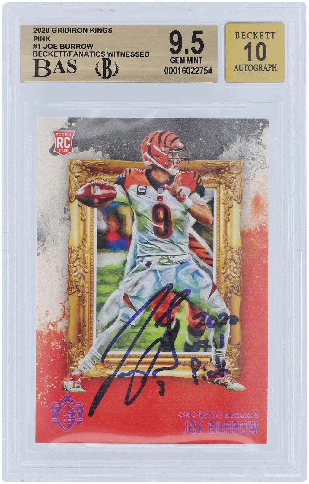 Fanatics Certified Pink 9.5,9,9.5,10 Subgrades Gridiron Rookie Authentic 2020 - Panini Beckett Kings Burrow Autographed 9.5/10 Card #GK-1 Bengals Authenticated Cincinnati Joe - Fanatics Witnessed