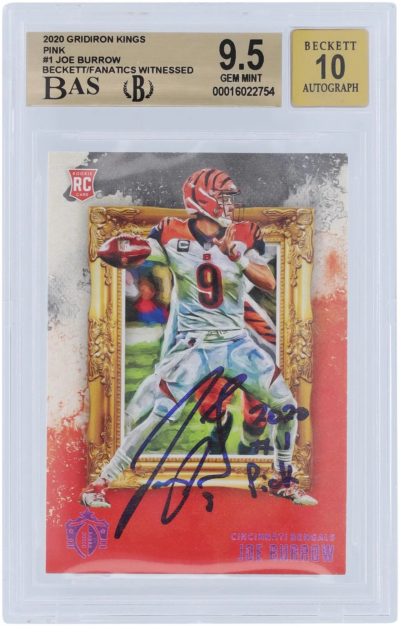 Fanatics Certified Pink 9.5,9,9.5,10 Subgrades Gridiron Rookie Authentic 2020 - Panini Beckett Kings Burrow Autographed 9.5/10 Card #GK-1 Bengals Authenticated Cincinnati Joe - Fanatics Witnessed