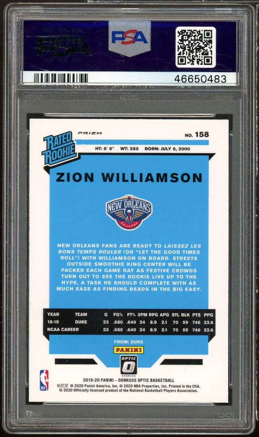 Williamson PSA Purple #158 Rookie Panini Card 2019-20 10 Zion Optic Donruss
