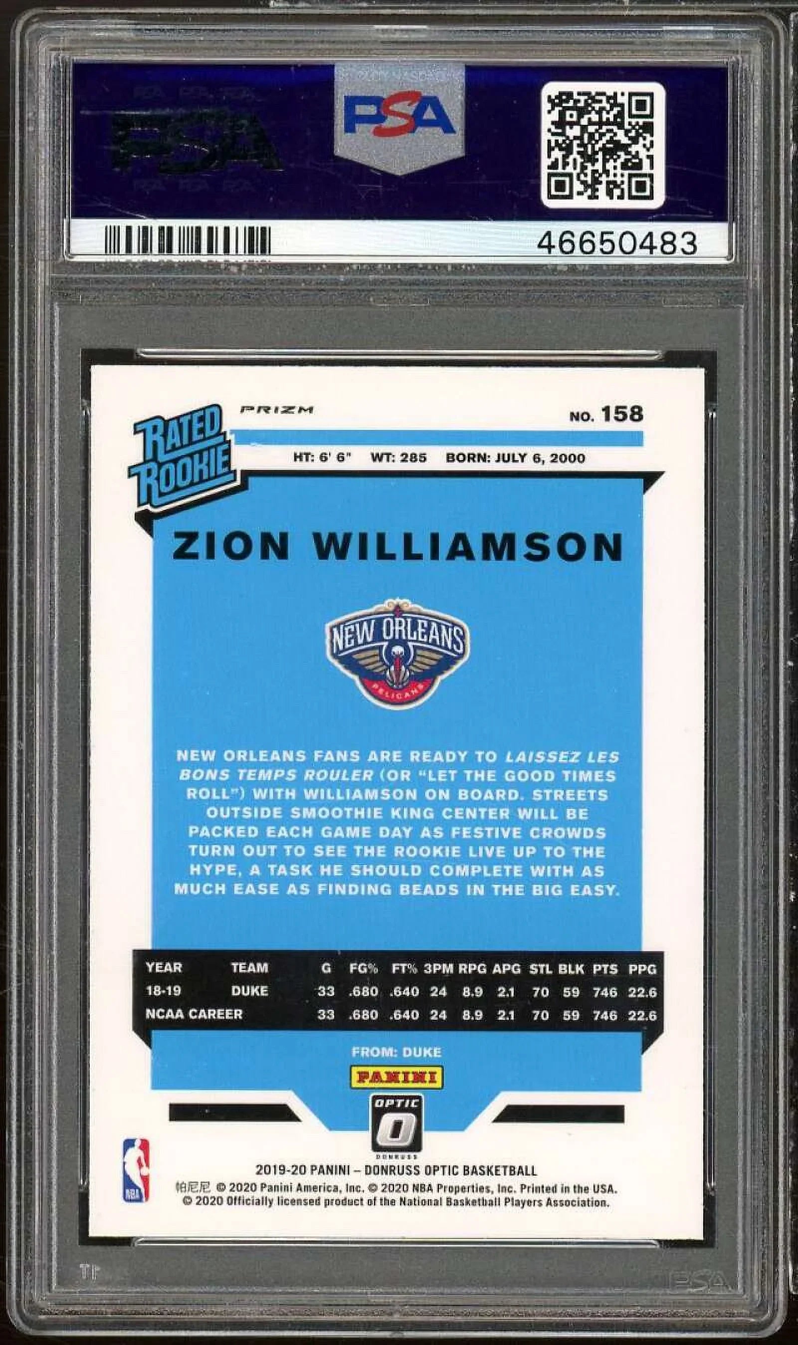 Williamson PSA Purple #158 Rookie Panini Card 2019-20 10 Zion Optic Donruss