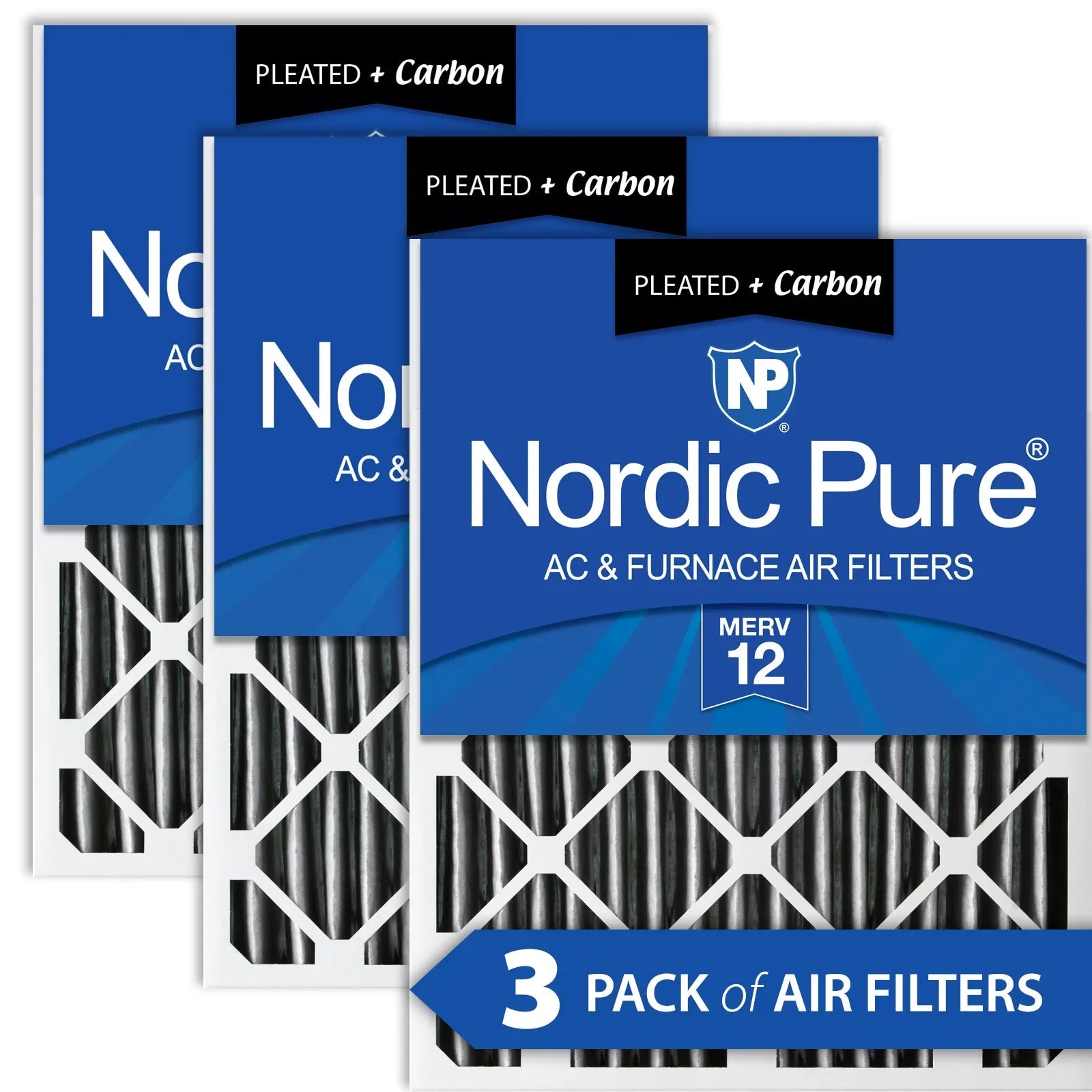 Filters MERV Pack 3 Carbon Nordic 12 Air Plus Furnace Pleated 20x20x2 Pure