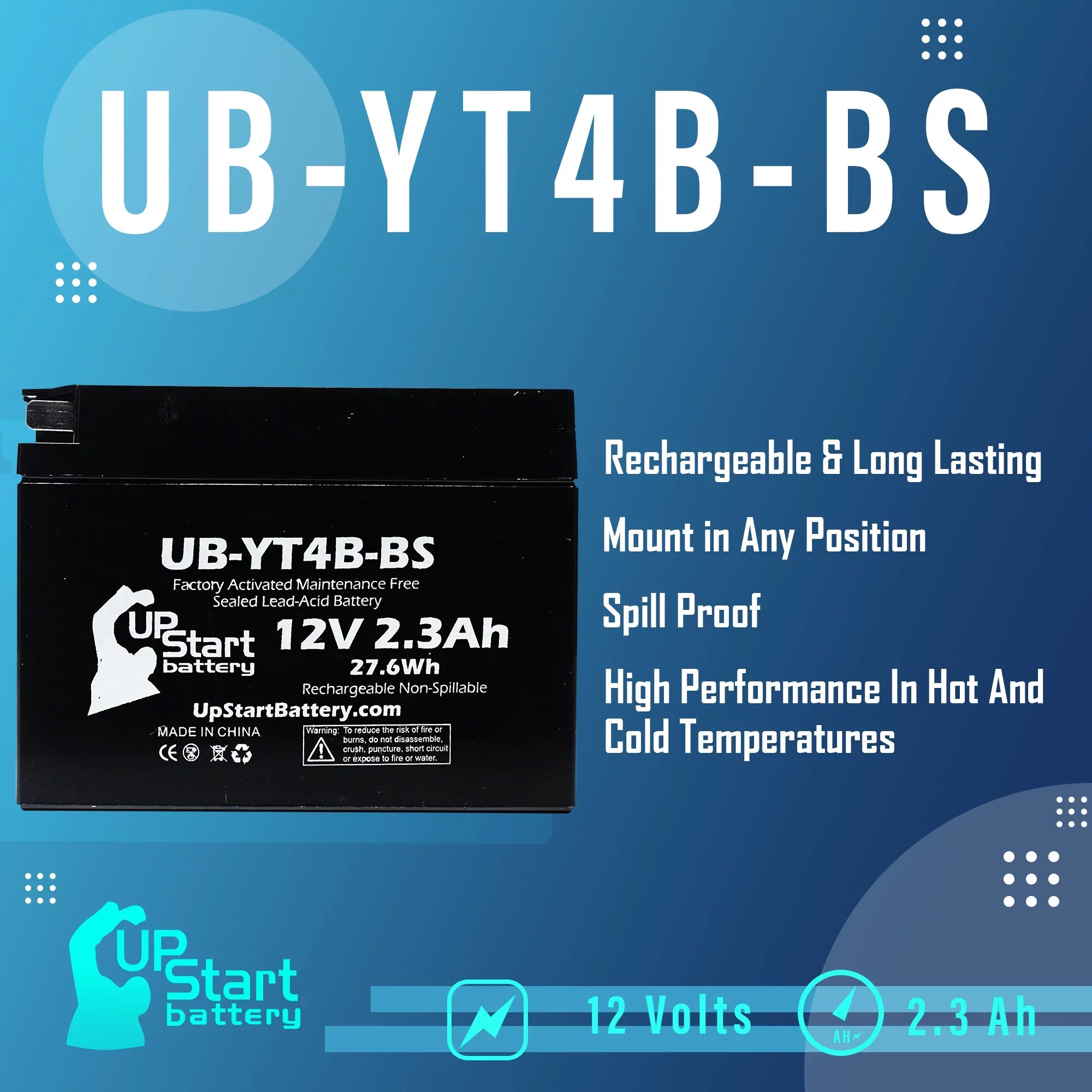 (FI) - 400CC UpStart Battery Motorcycle Free, UB-YT4B-BS Battery SR400 12V, Factory Activated, 2.3Ah, 2010 5-Pack Yamaha for Replacement Maintenance