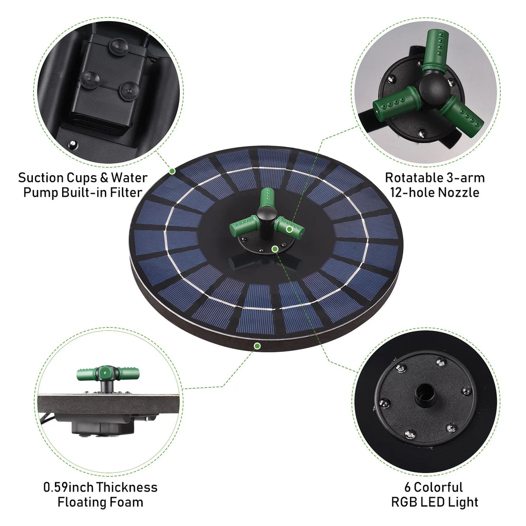 Inch 6W Small Bird 9 Fountain Pump Solar Pond Nozzle Bath for Solar Garden LED Colorful Auto-Shut liquid Rotatable Battery Pump Fountain Light off With With