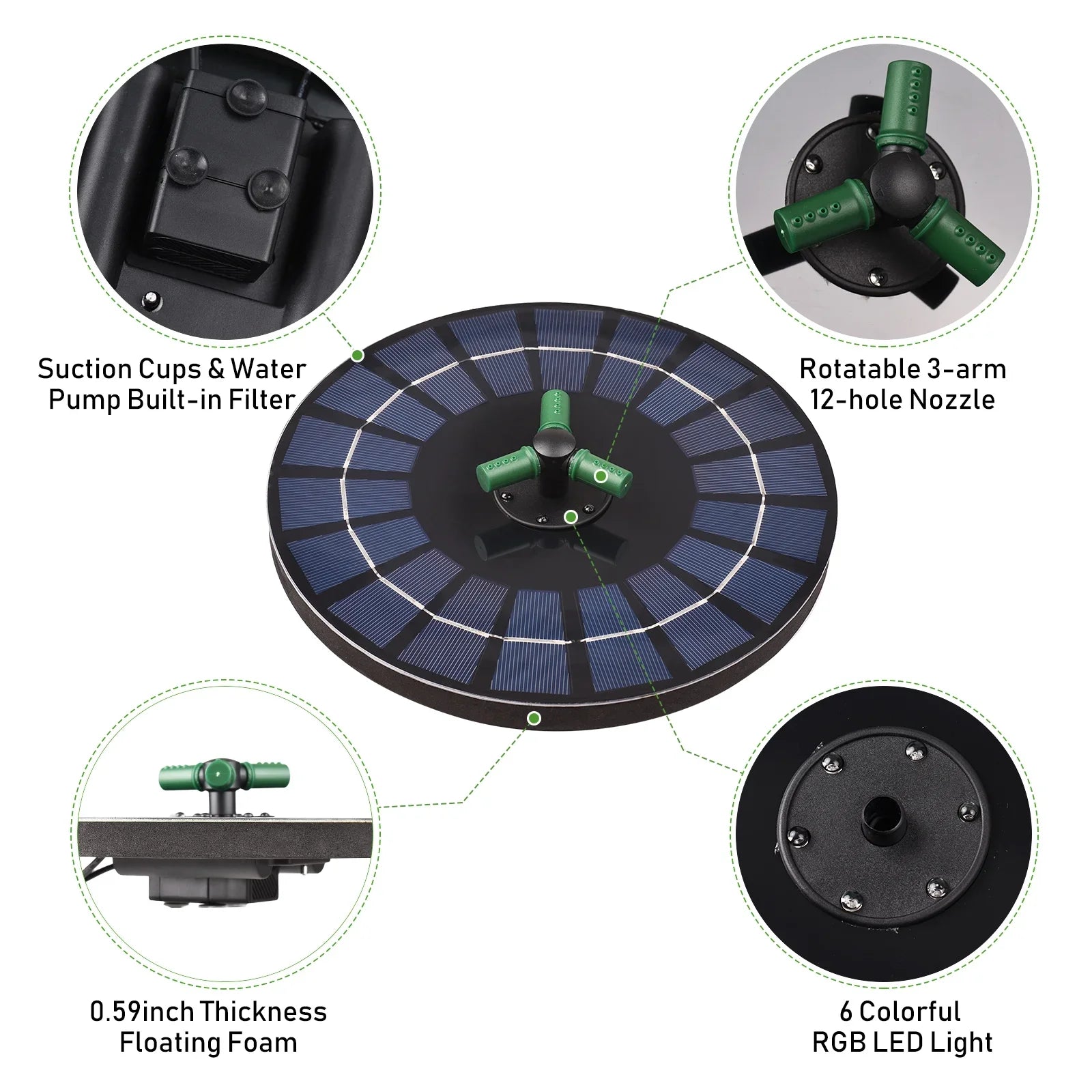 Inch 6W Small Bird 9 Fountain Pump Solar Pond Nozzle Bath for Solar Garden LED Colorful Auto-Shut liquid Rotatable Battery Pump Fountain Light off With With