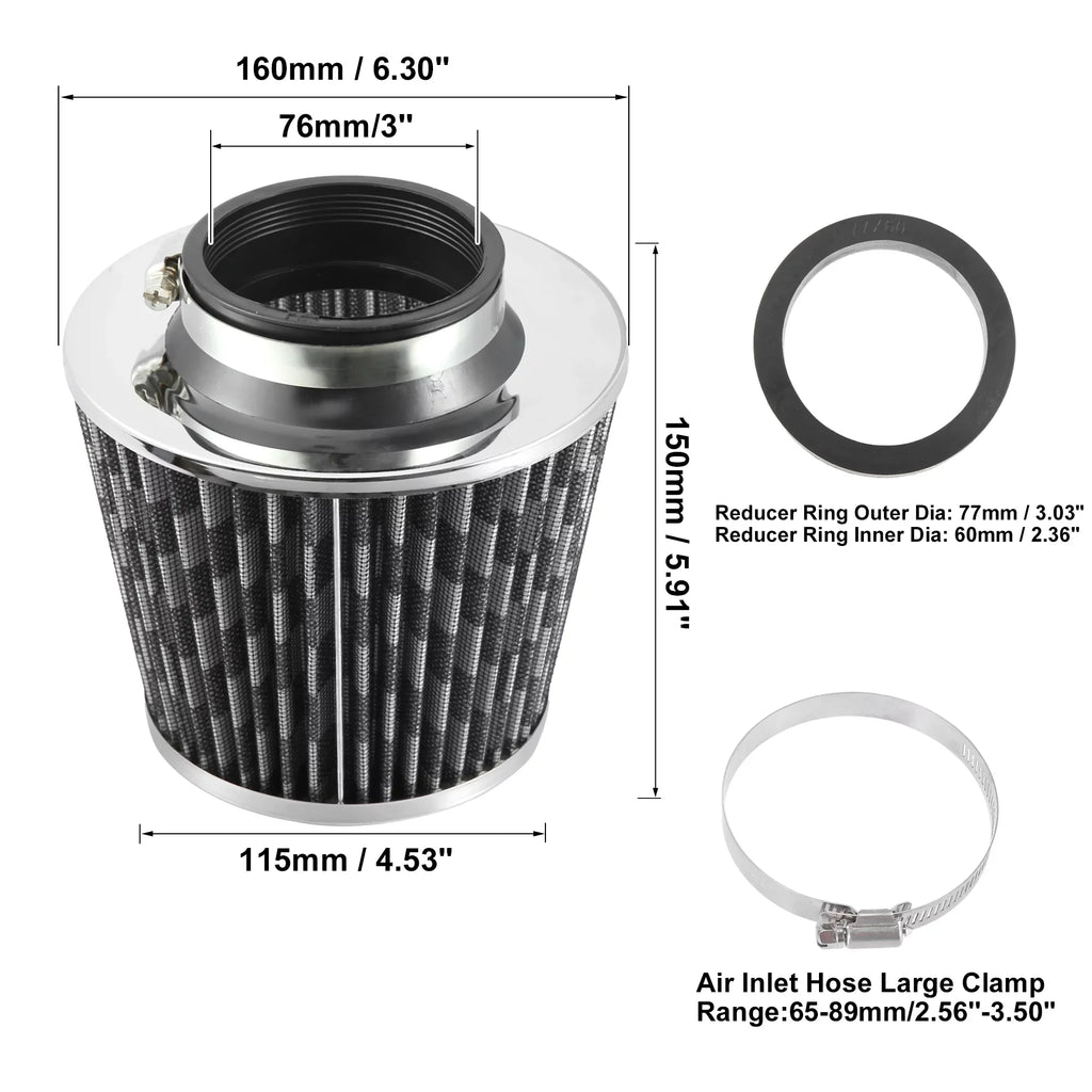 Clamp Cone 60mm Replacement Air Washable Reducer Fiber Dry 1pcs Intake Pattern Cold Air 2.3" Inlet on Ring Filter Carbon
