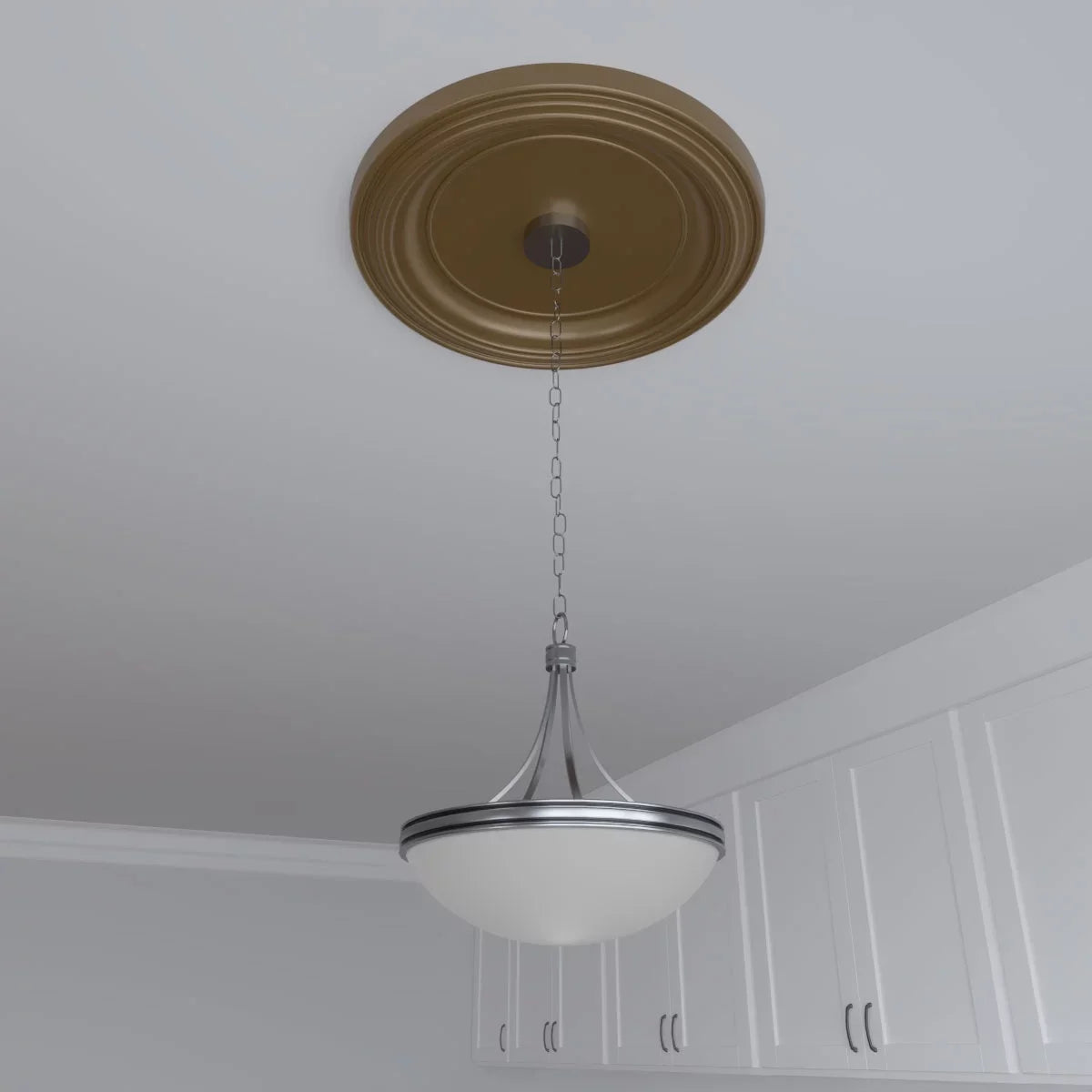 PVC Ceiling Traditional 1/2"ID to Thermoformed 1 Medallion x Rush Metallic 13 3 Gold 1/2"P Millwork (Fits Ekena 1/2"), Canopies 22"OD x up