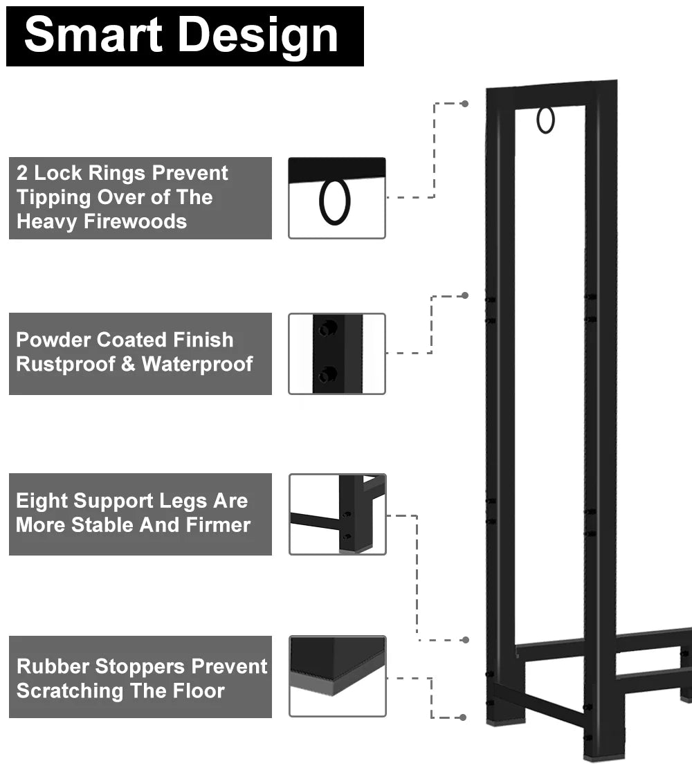 Wood Fireplace Koutemie Adjustable Storage, for Stand, 8Ft Holder Log Black Stacker Firewood exterior Fire Rack